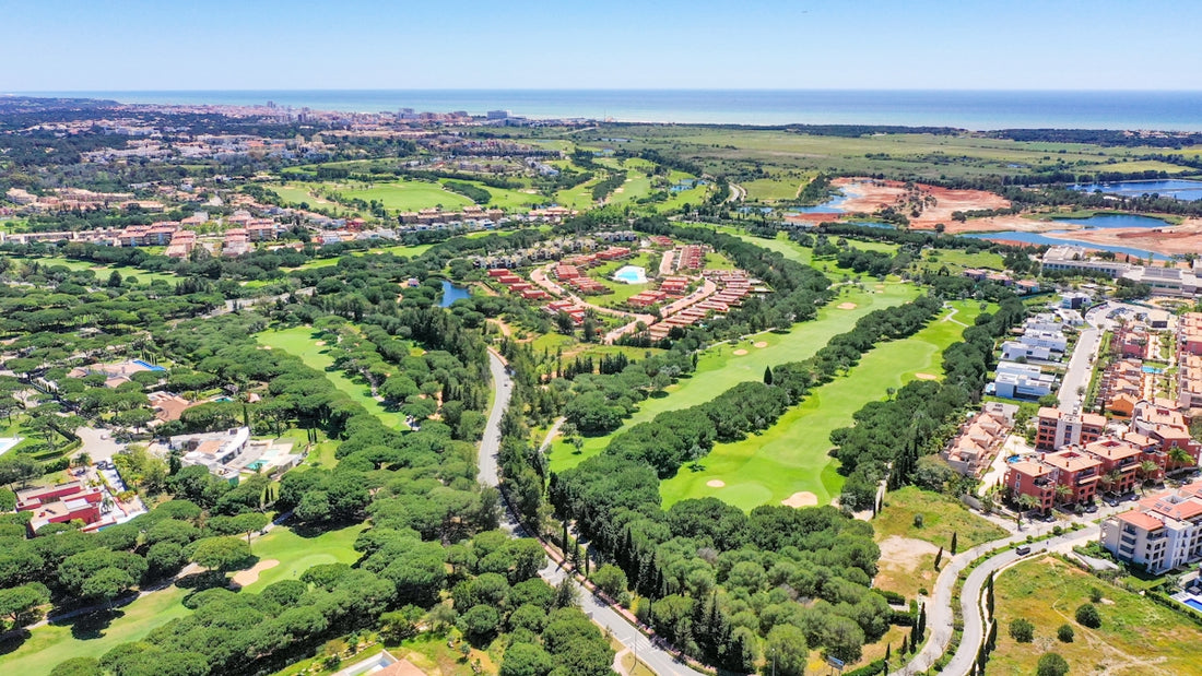 an aerial view of a golf course and a golf course