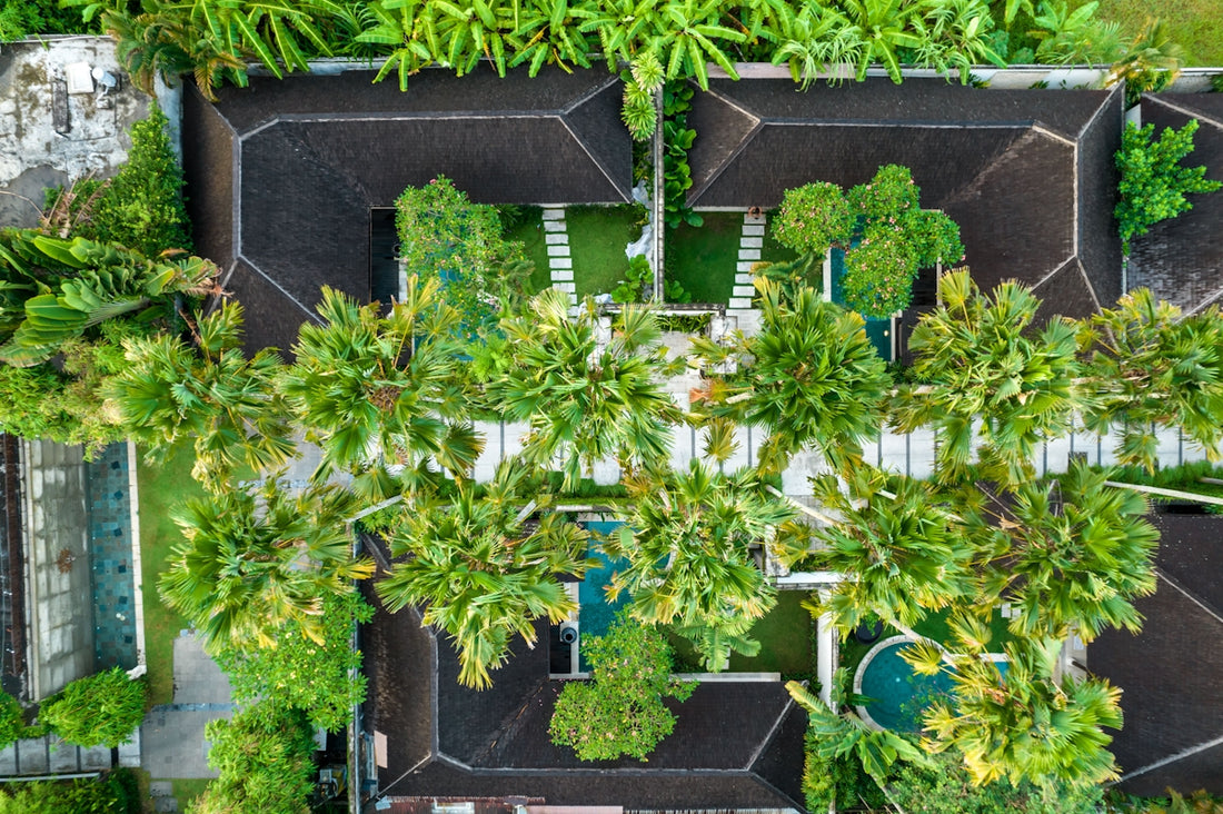 An aerial view of a house surrounded by trees
